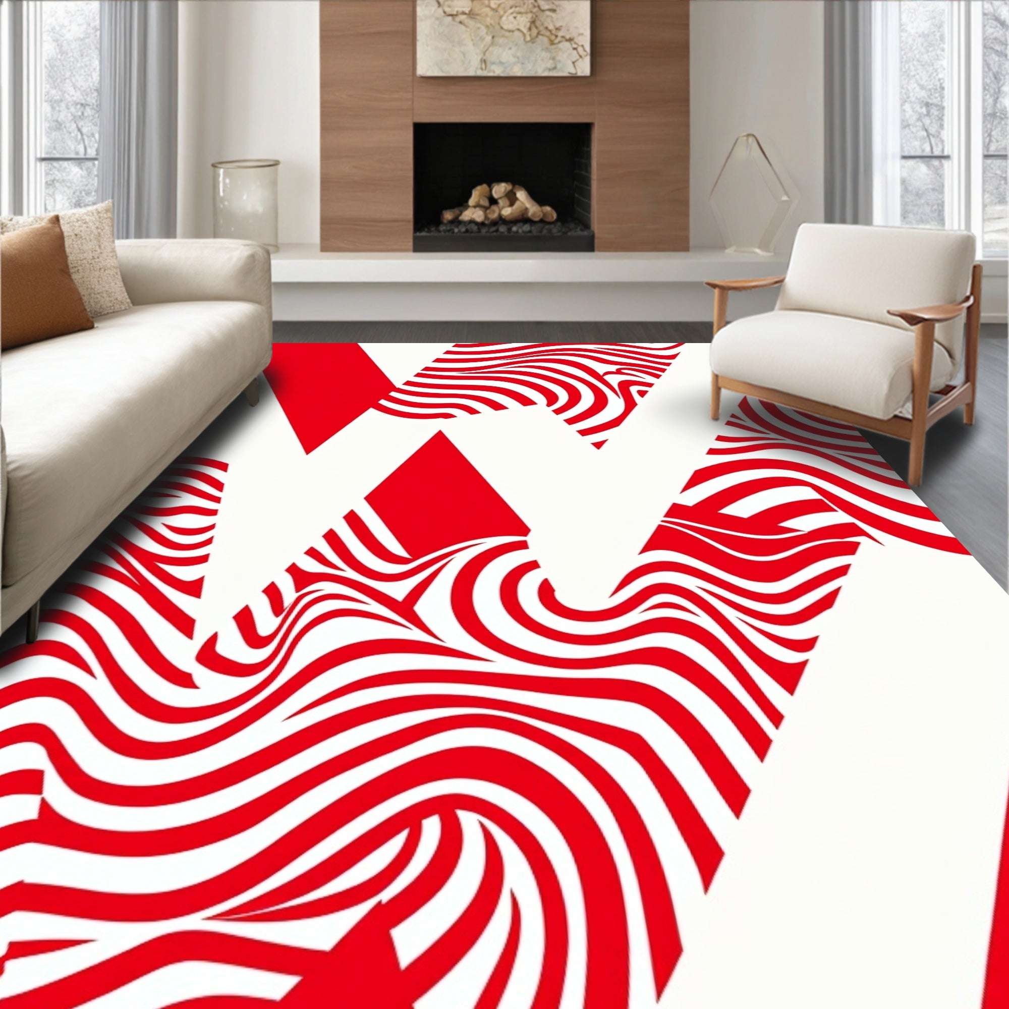 Abstract Red White Wavy Geometric Pattern Rug