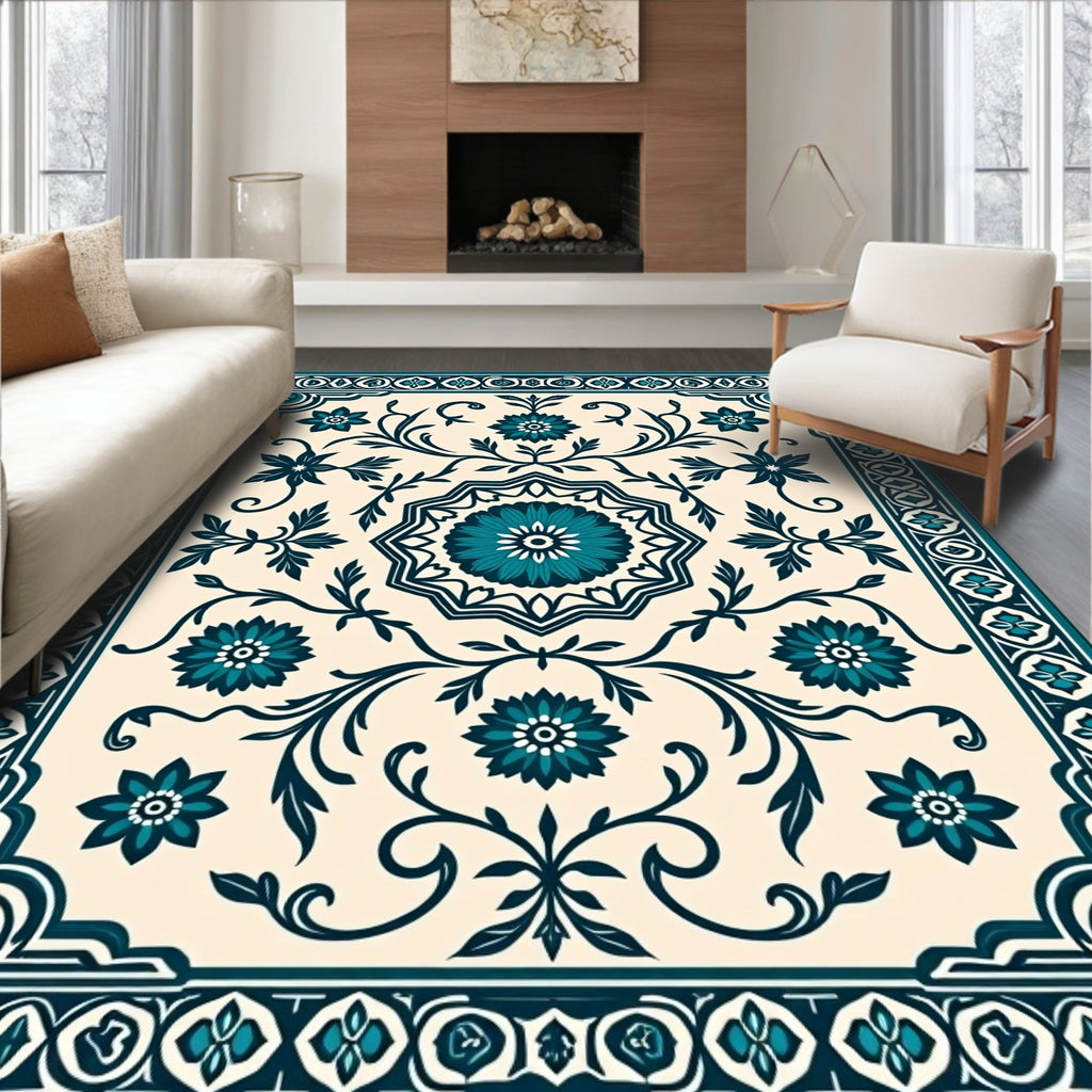 Teal Floral Swirl Traditional Inspired Rug