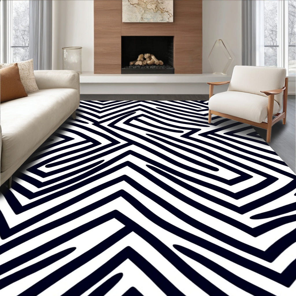 Abstract Black White Zigzag Pattern Rug