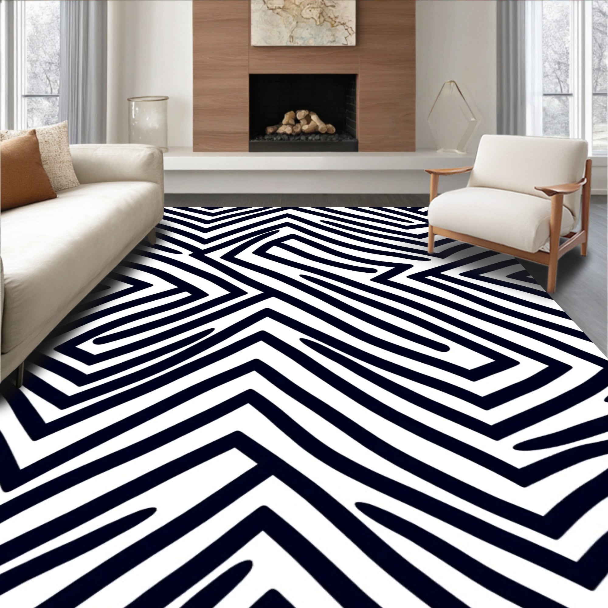 Abstract Black White Zigzag Pattern Rug