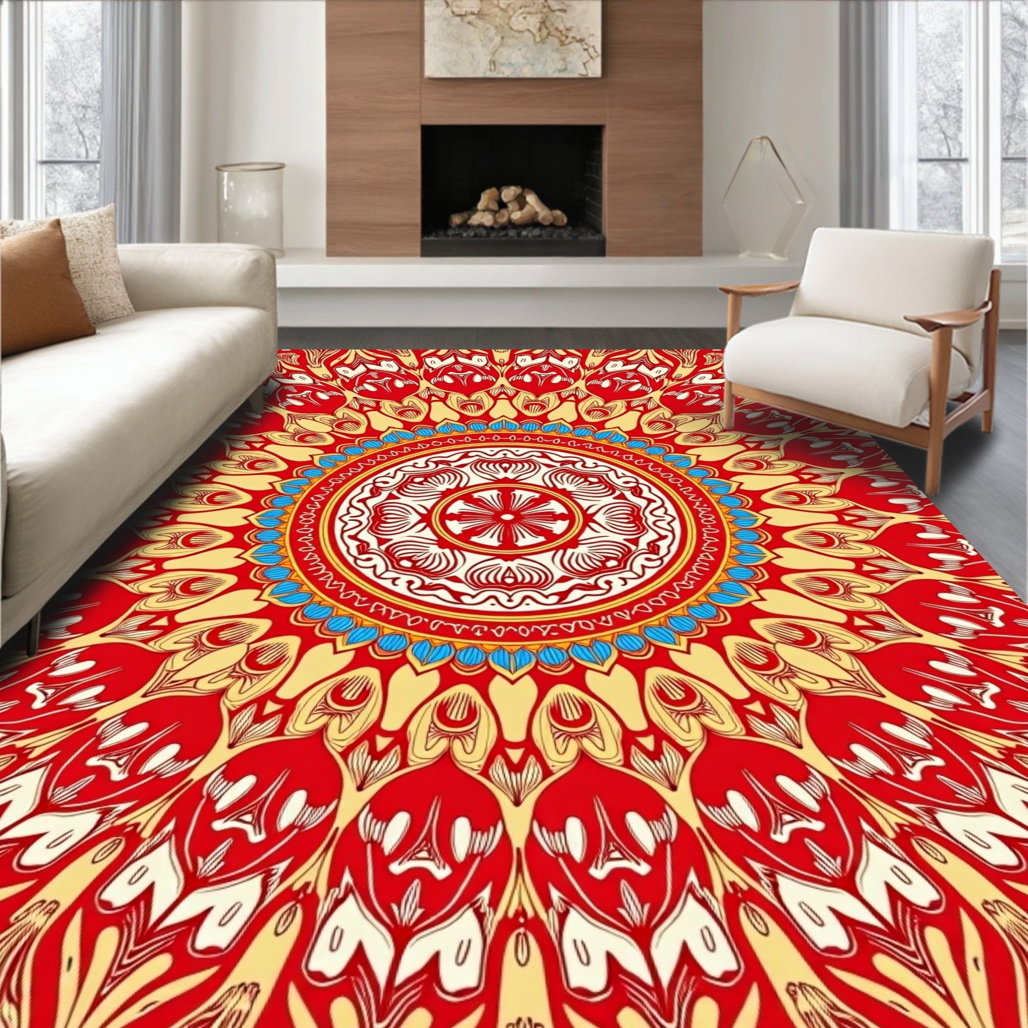 Radiant Red Yellow Floral Mandala Rug