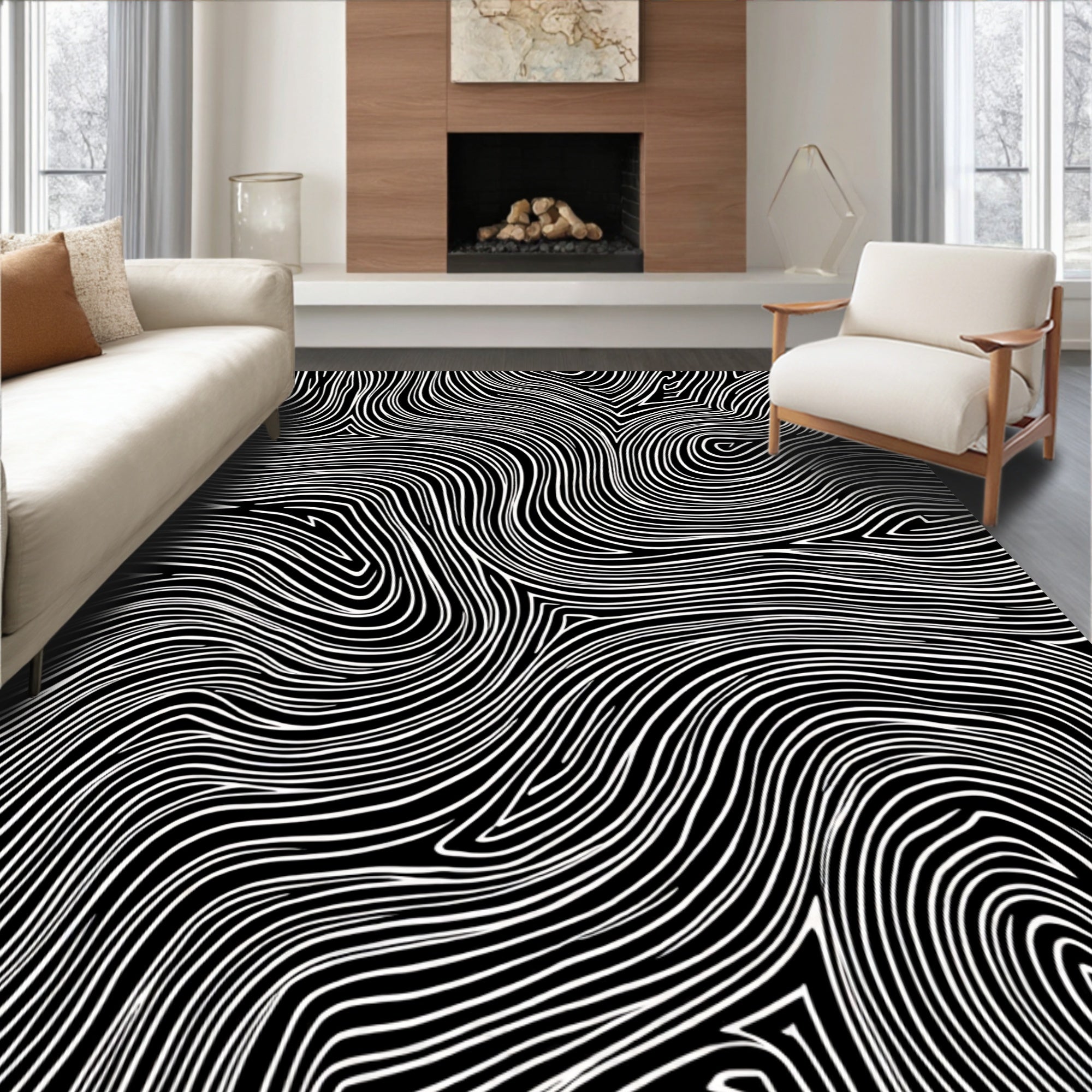 Black And White Swirling Lines Rug