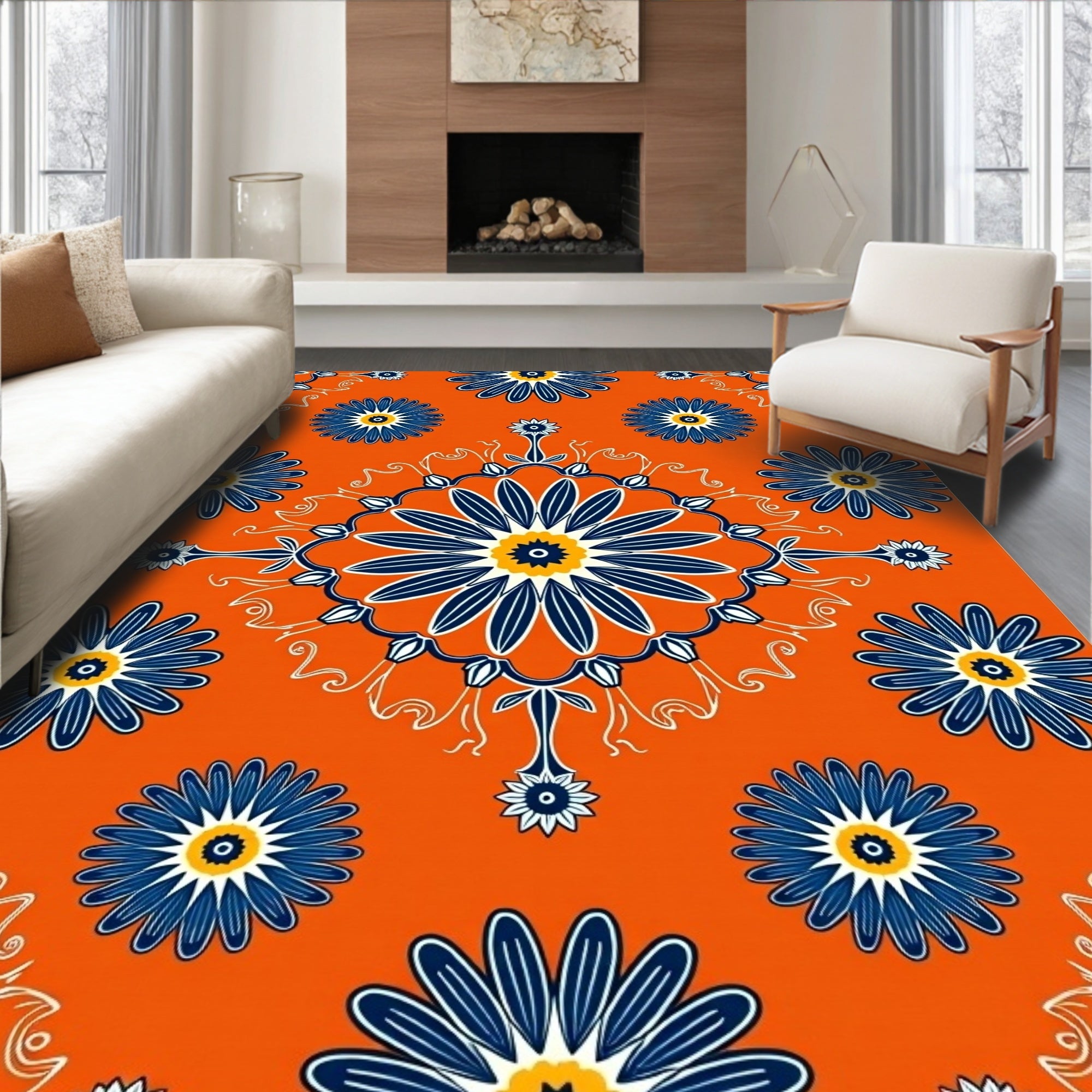 Bold Blue Floral Orange Pattern Rug