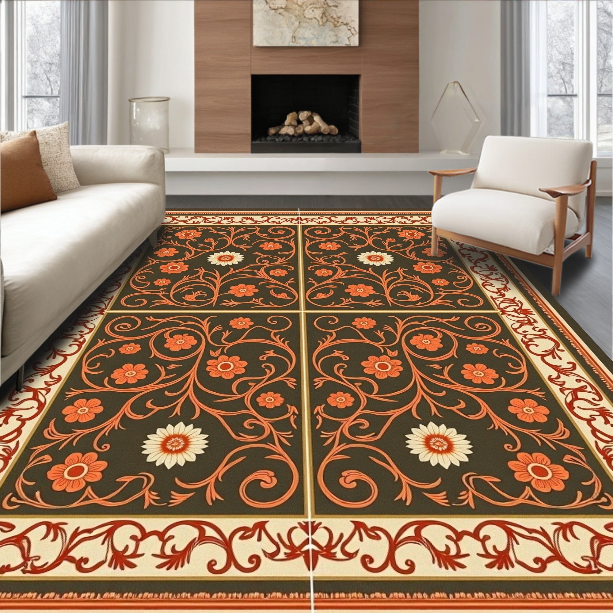 Ornate Floral Vine Tiled Rug