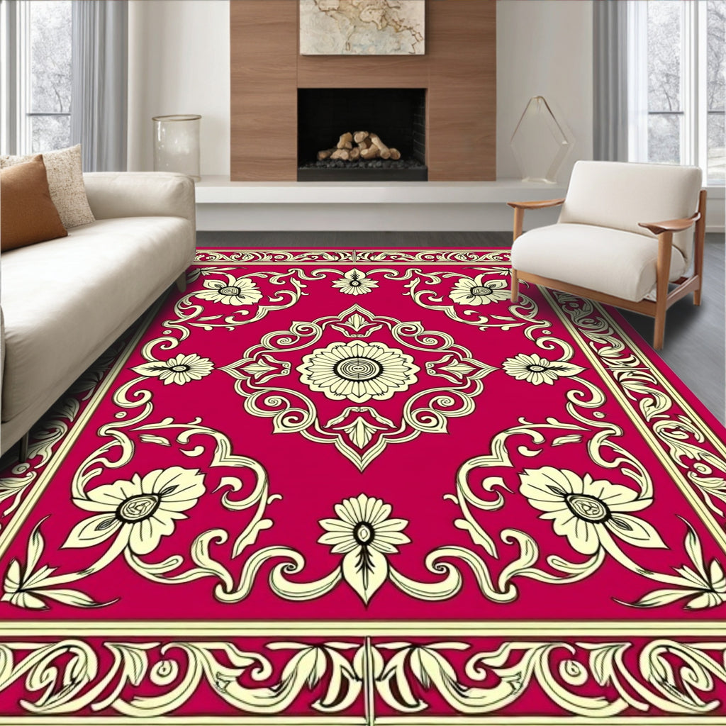 Ornate Floral Crimson And Cream Design Rug