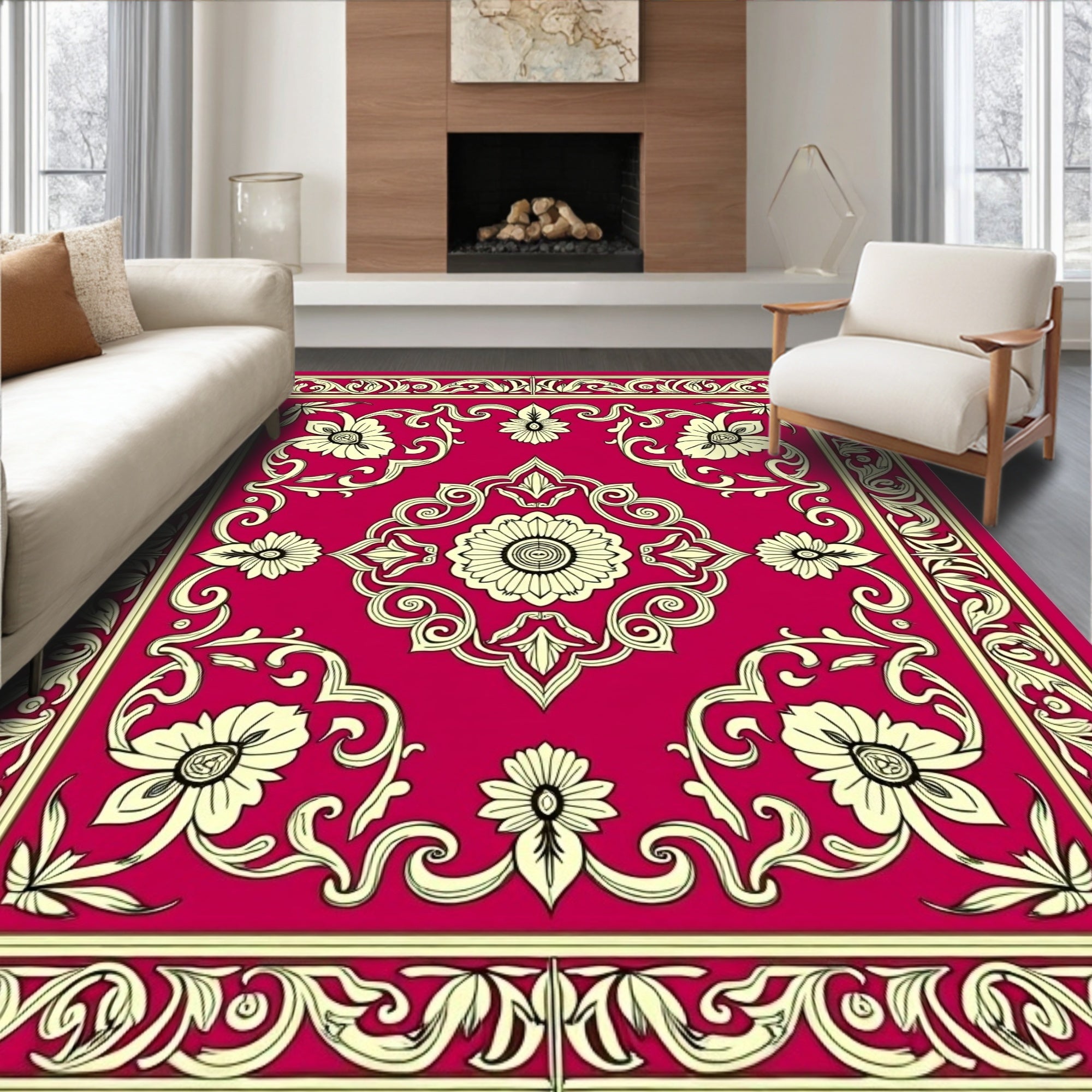 Ornate Floral Crimson And Cream Design Rug