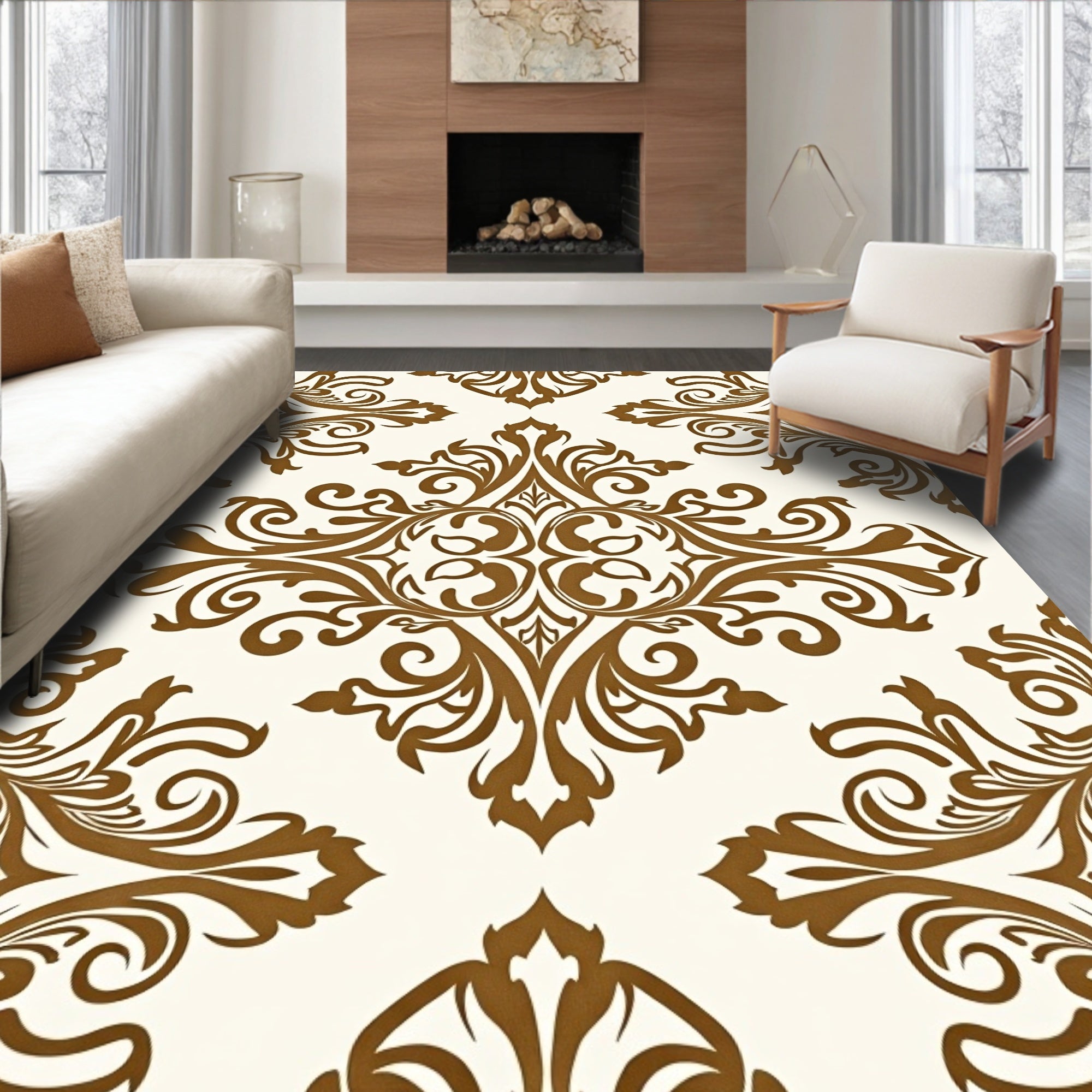 Classic Brown Damask Scroll Pattern Rug