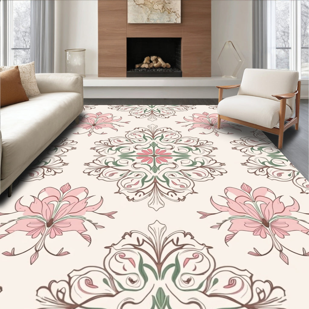 Ornate Floral Pattern In Pink And Green Rug
