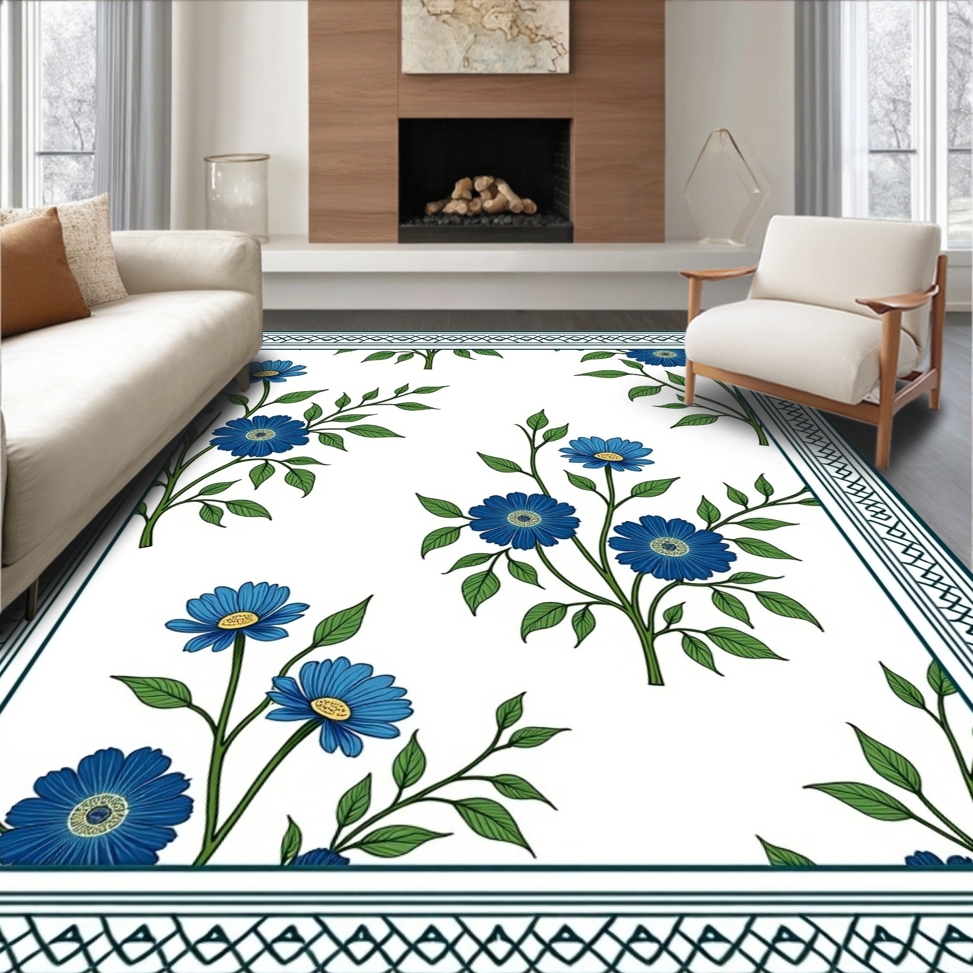 Blue Floral Sprigs Border Design Rug