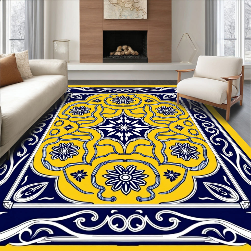 Bold Yellow Navy Floral Pattern Rug