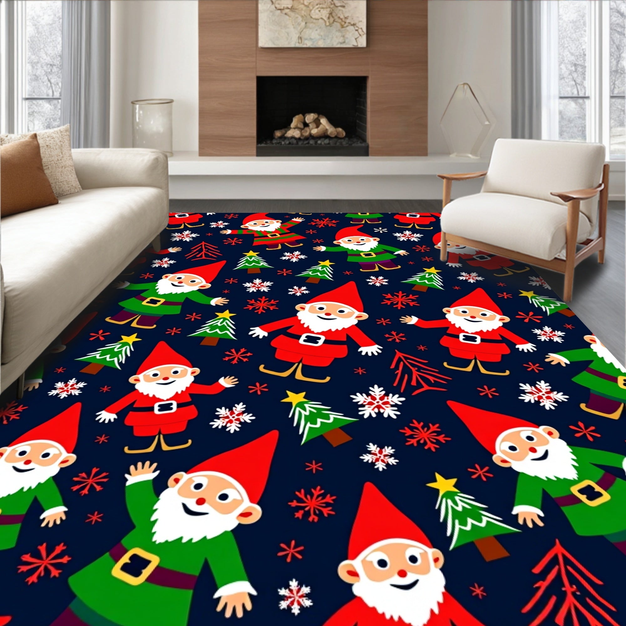 Whimsical Christmas Gnomes and Trees Rug