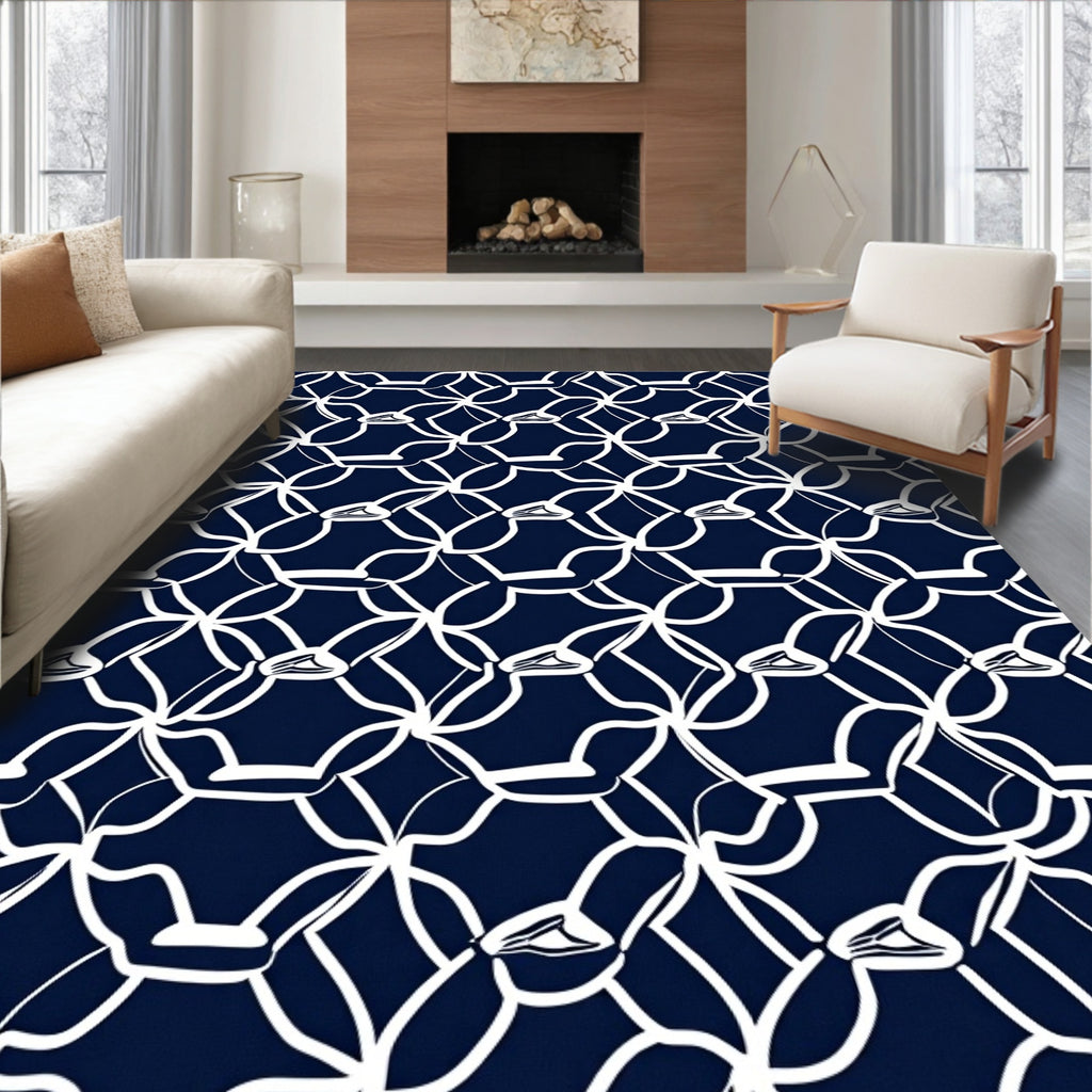 Navy White Abstract Geometric Pattern Rug