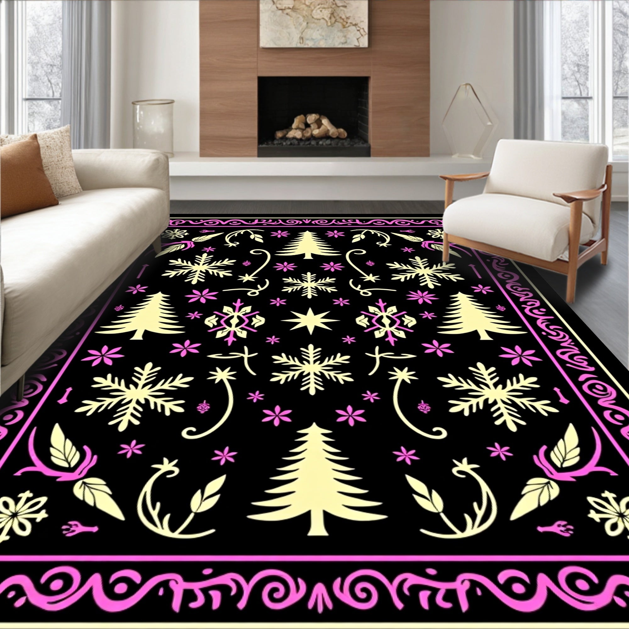 Pink Cream Winter Forest Snowflakes Rug