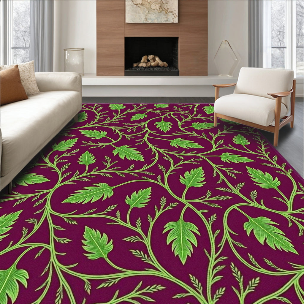 Vibrant Green Leaf Vine Pattern Rug