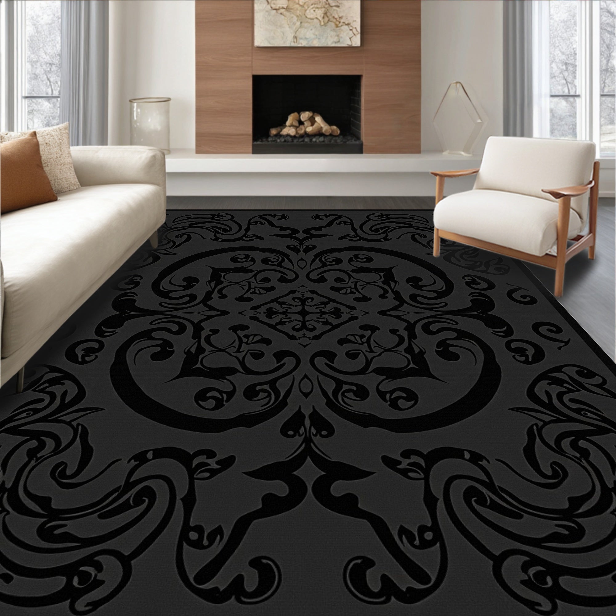 Dark Grey Ornate Scrollwork Patterned Rug