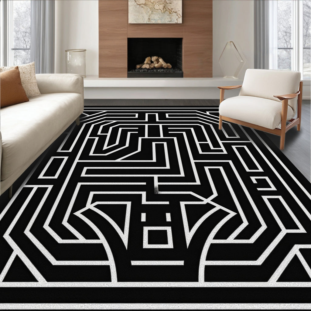Geometric Maze Black And White Pattern Rug