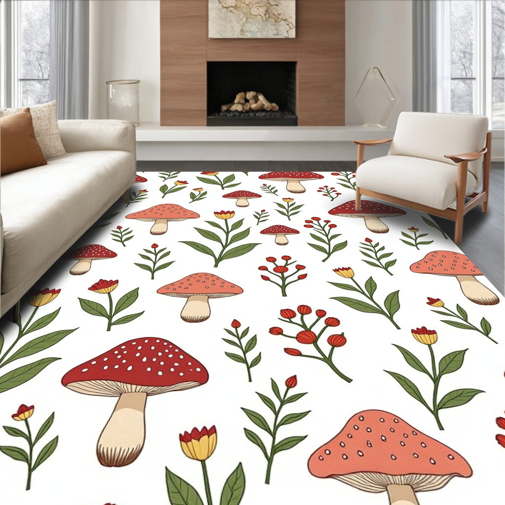 Whimsical Mushroom And Floral Pattern Rug