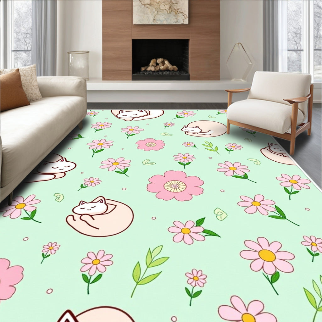 Sweet Sleeping Cats Floral Print Rug
