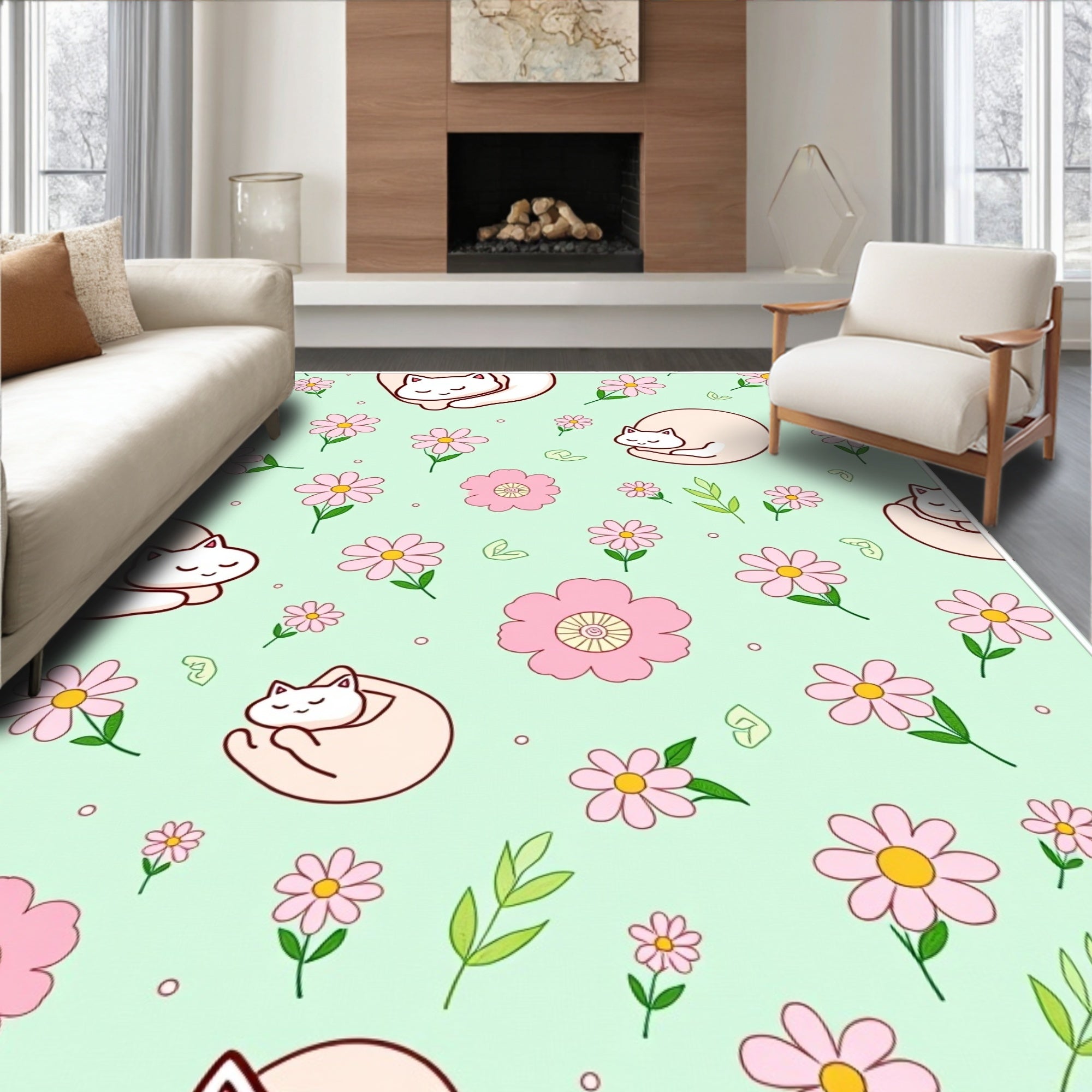 Sweet Sleeping Cats Floral Print Rug