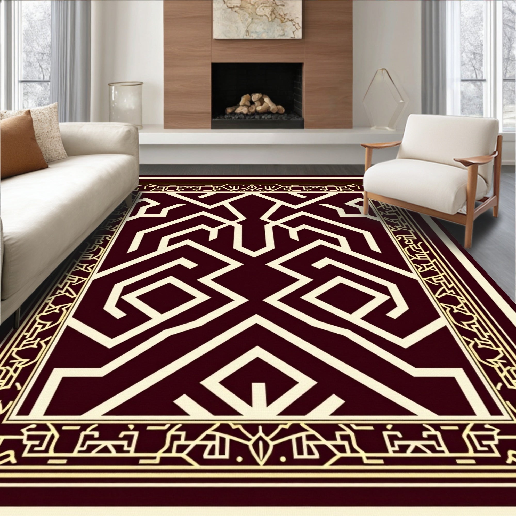 Regal Burgundy Gold Geometric Design Rug
