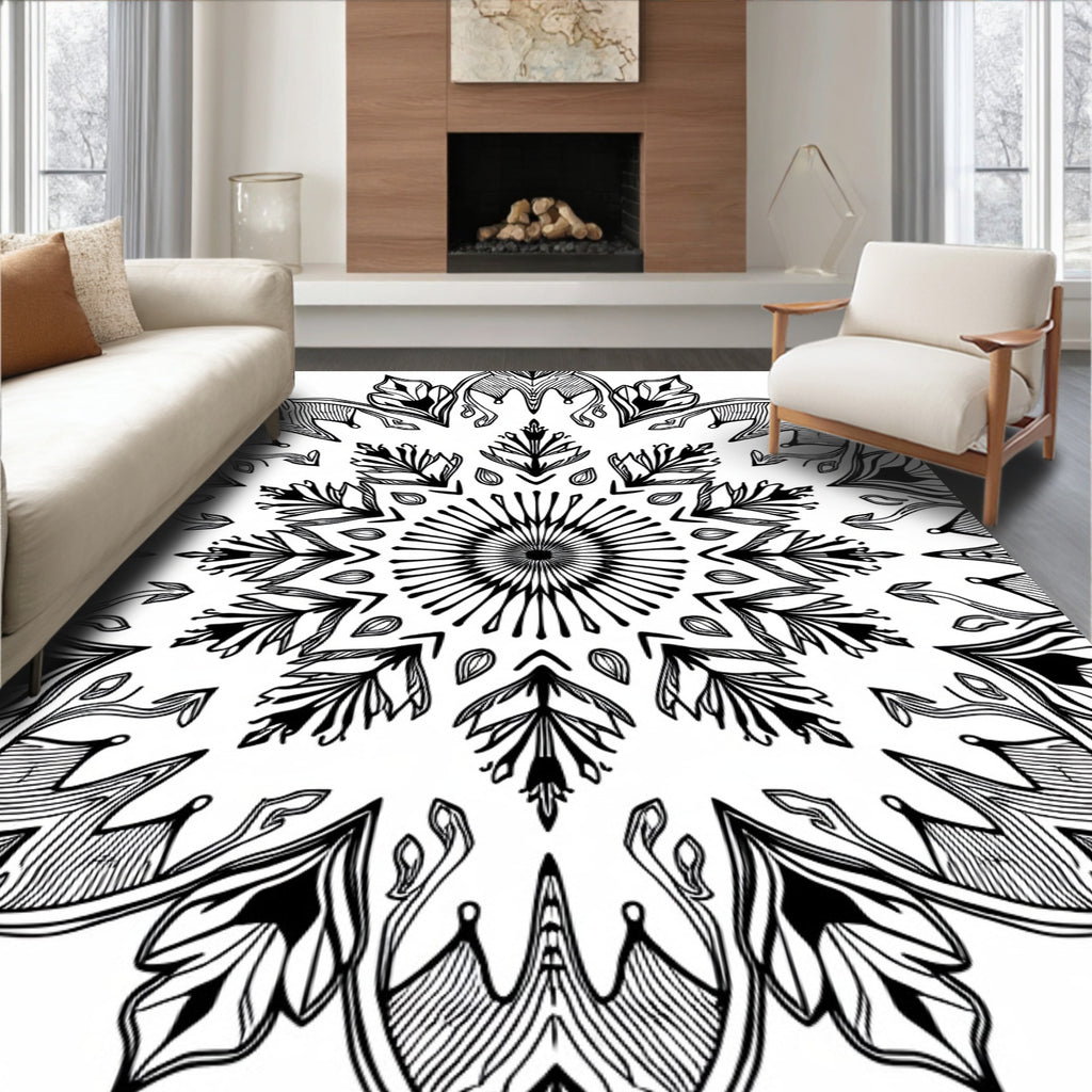 Black White Floral Mandala Design Rug