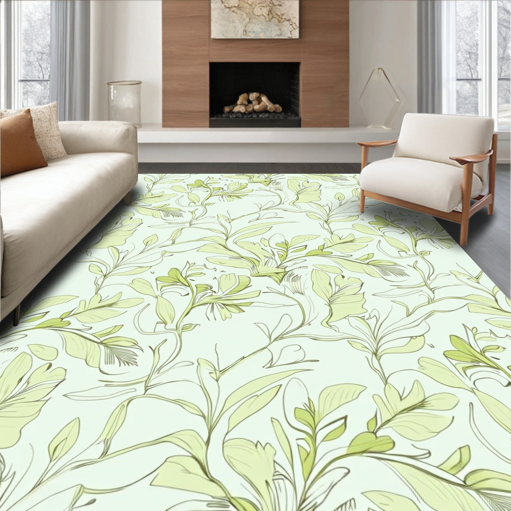 Light Green Botanical Floral Sketch Rug