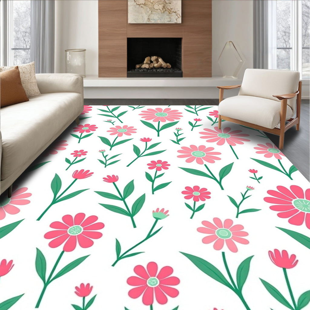 Pink Green Floral Pattern Design Rug