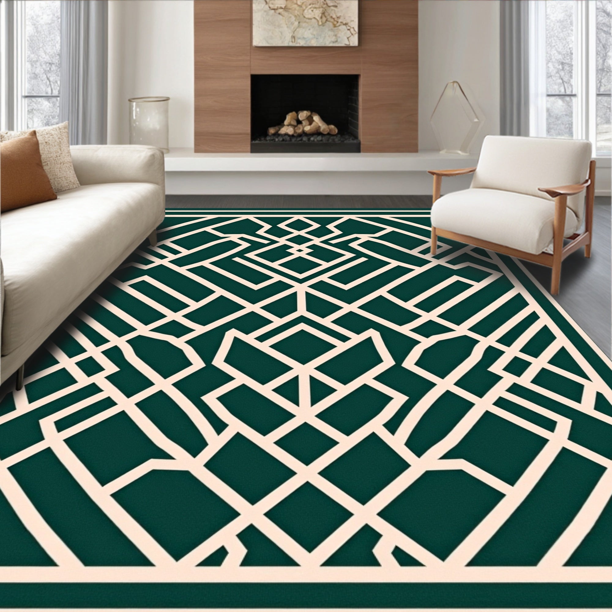 Geometric Lattice Cream Green Rug
