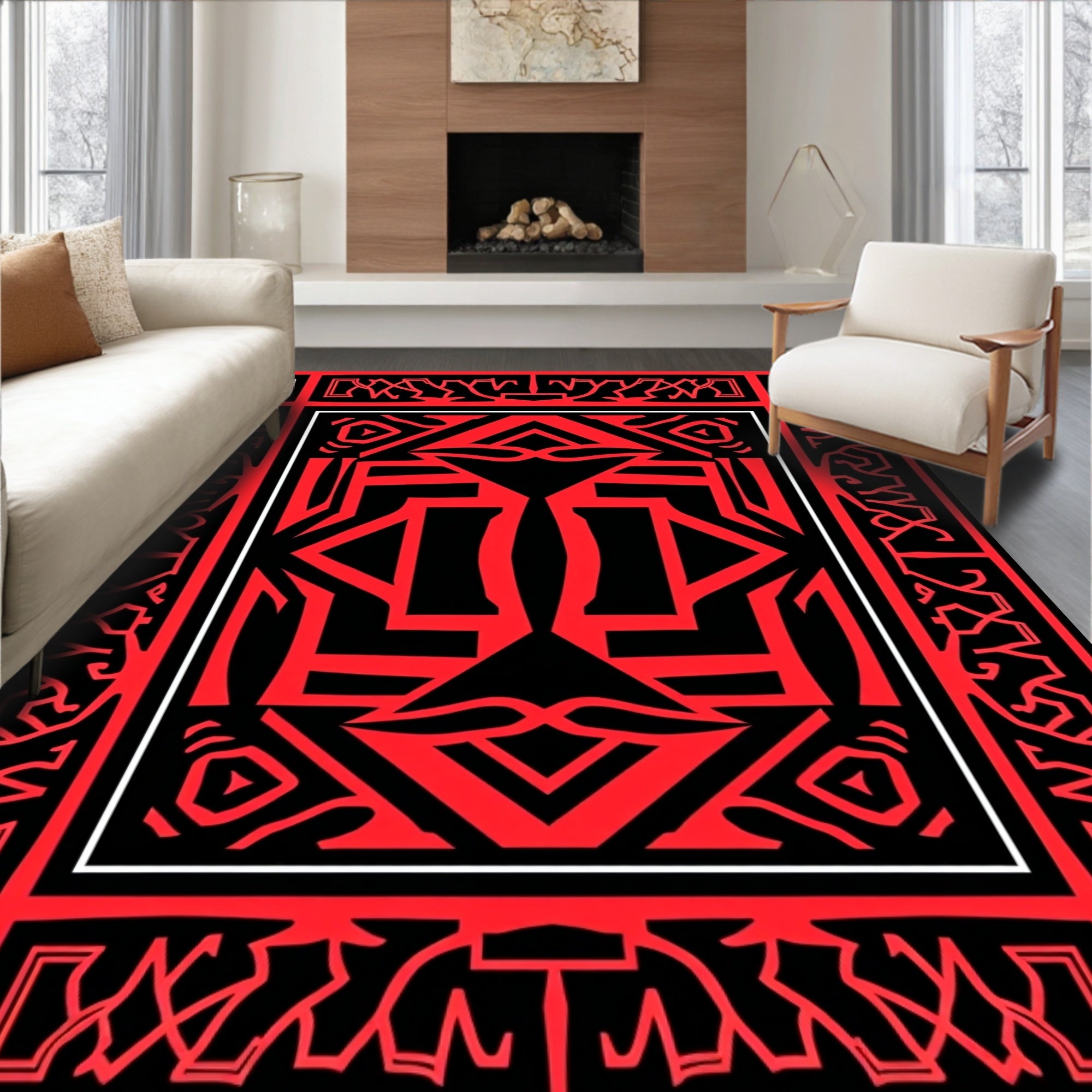 Bold Abstract Geometric Red Black Rug