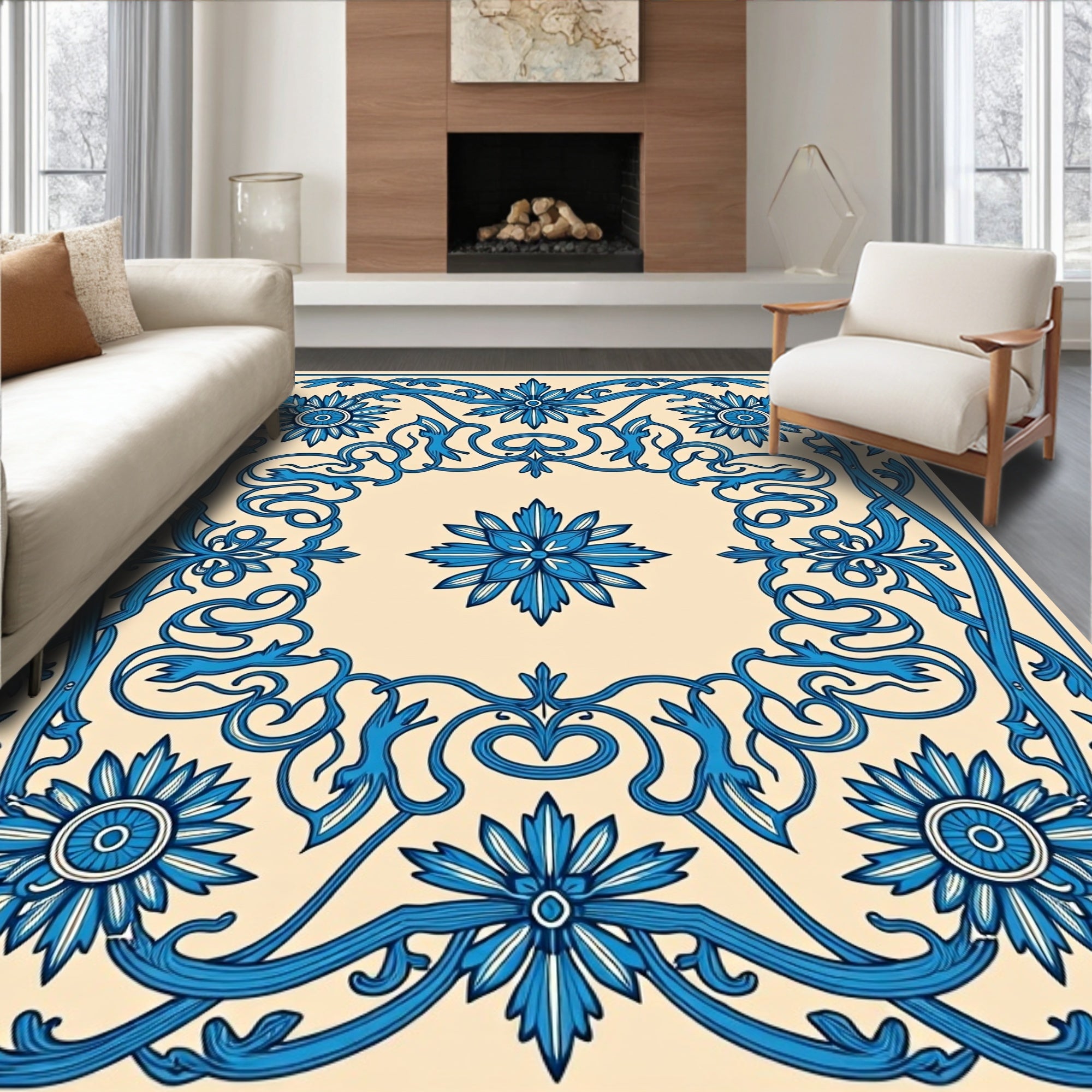 Ornate Blue Floral Woven Pattern Rug
