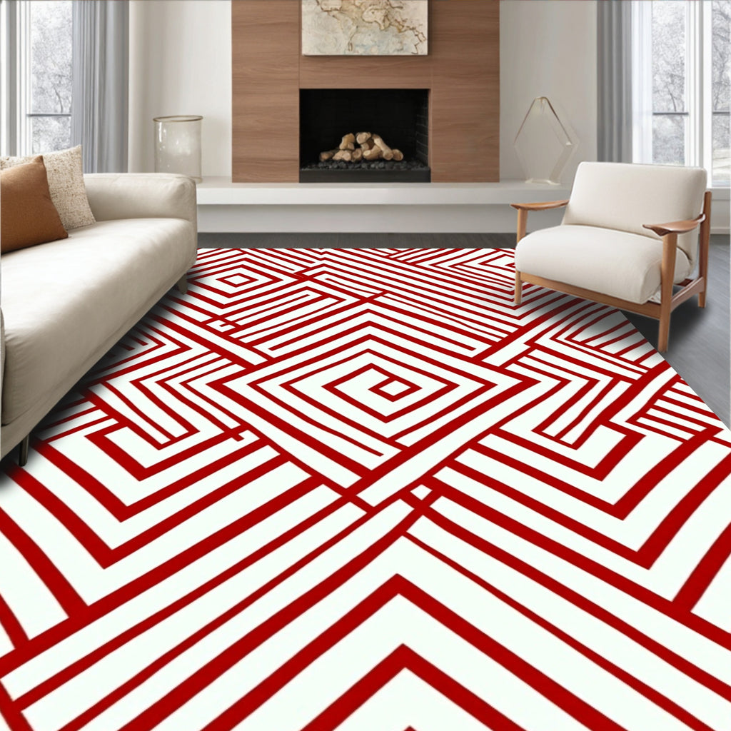 Red White Intersecting Geometric Lines Rug