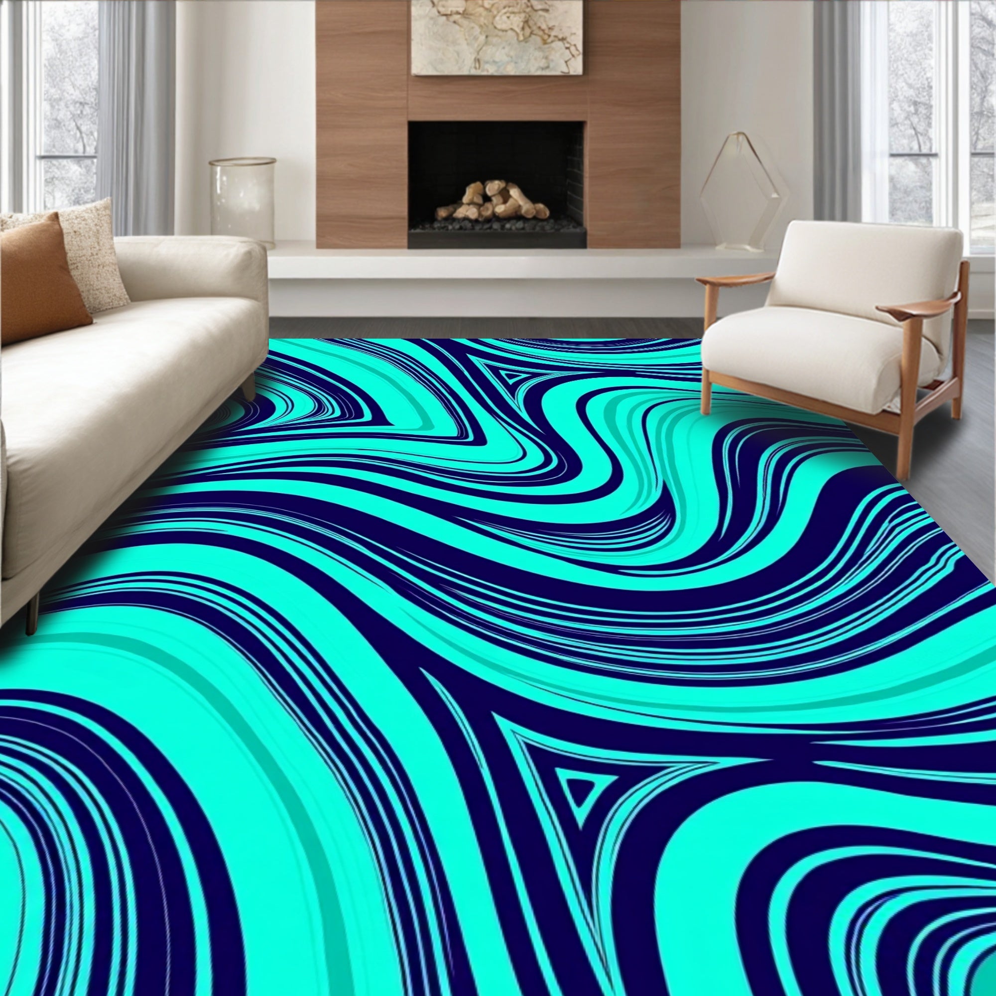 Abstract Teal Swirl Design Rug