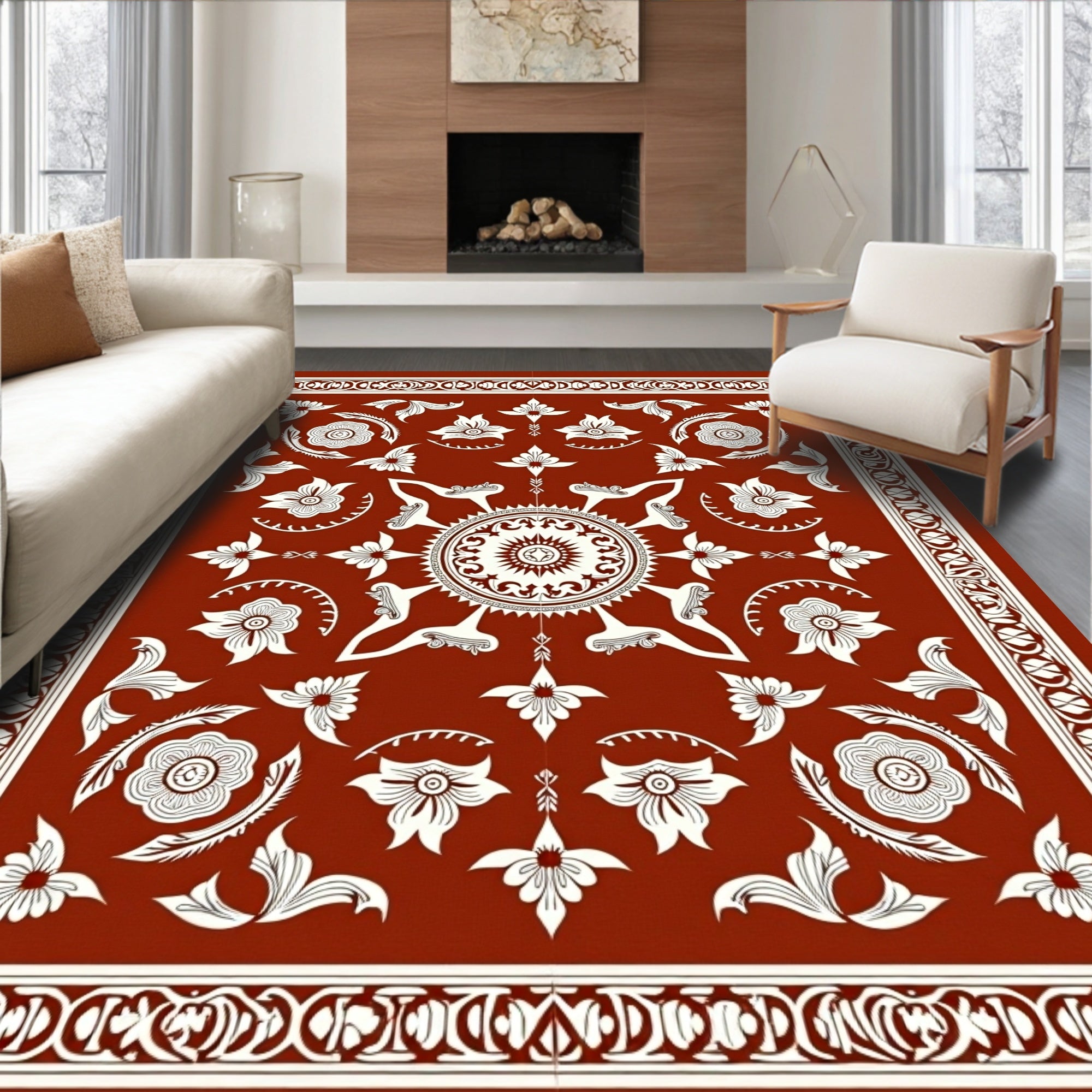 Ornate Red Floral Sunburst Pattern Rug