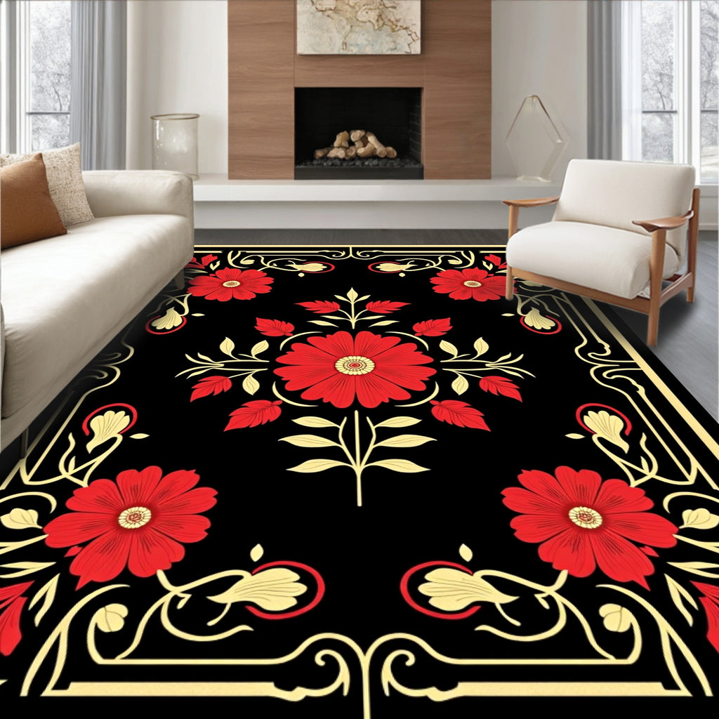 Red Floral With Gold Border Design Rug