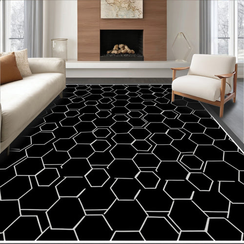 Black White Hexagonal Net Pattern Rug
