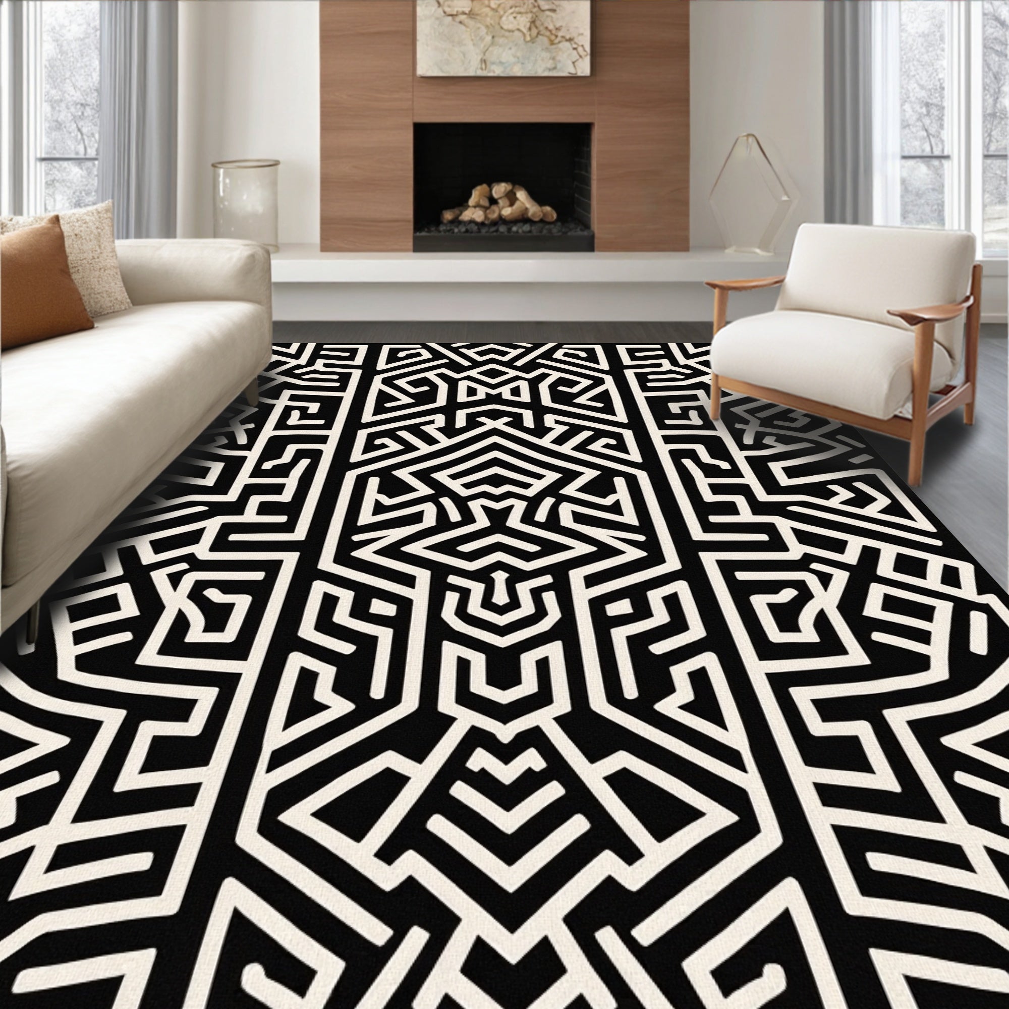 Black White Bold Geometric Maze Pattern Rug