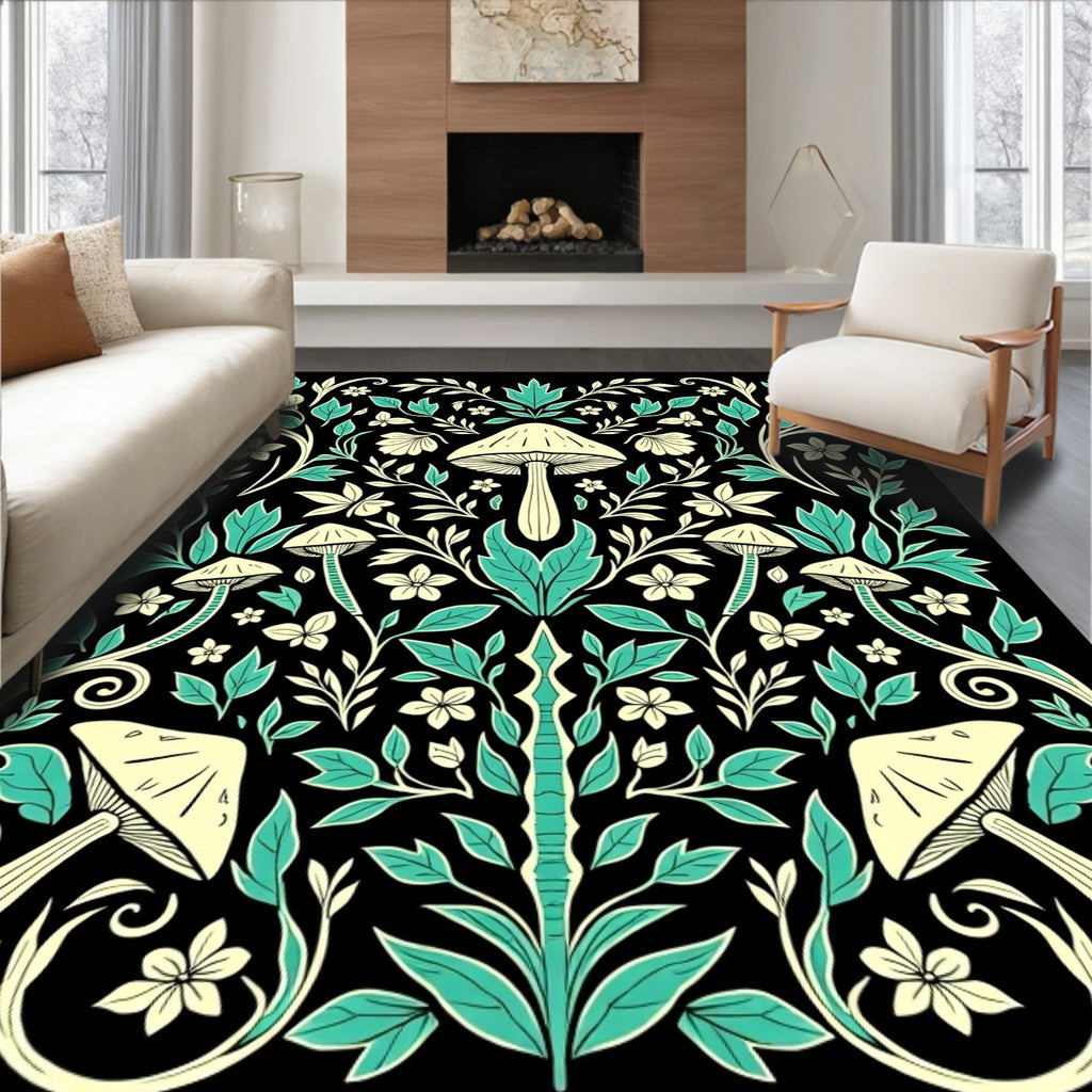 Mushroom Floral Vine Botanical Pattern Rug
