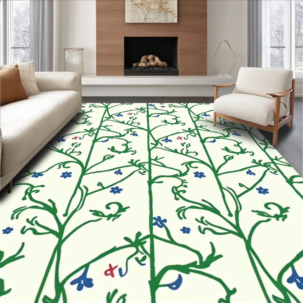 Botanical Vine With Blue Floral Pattern Rug