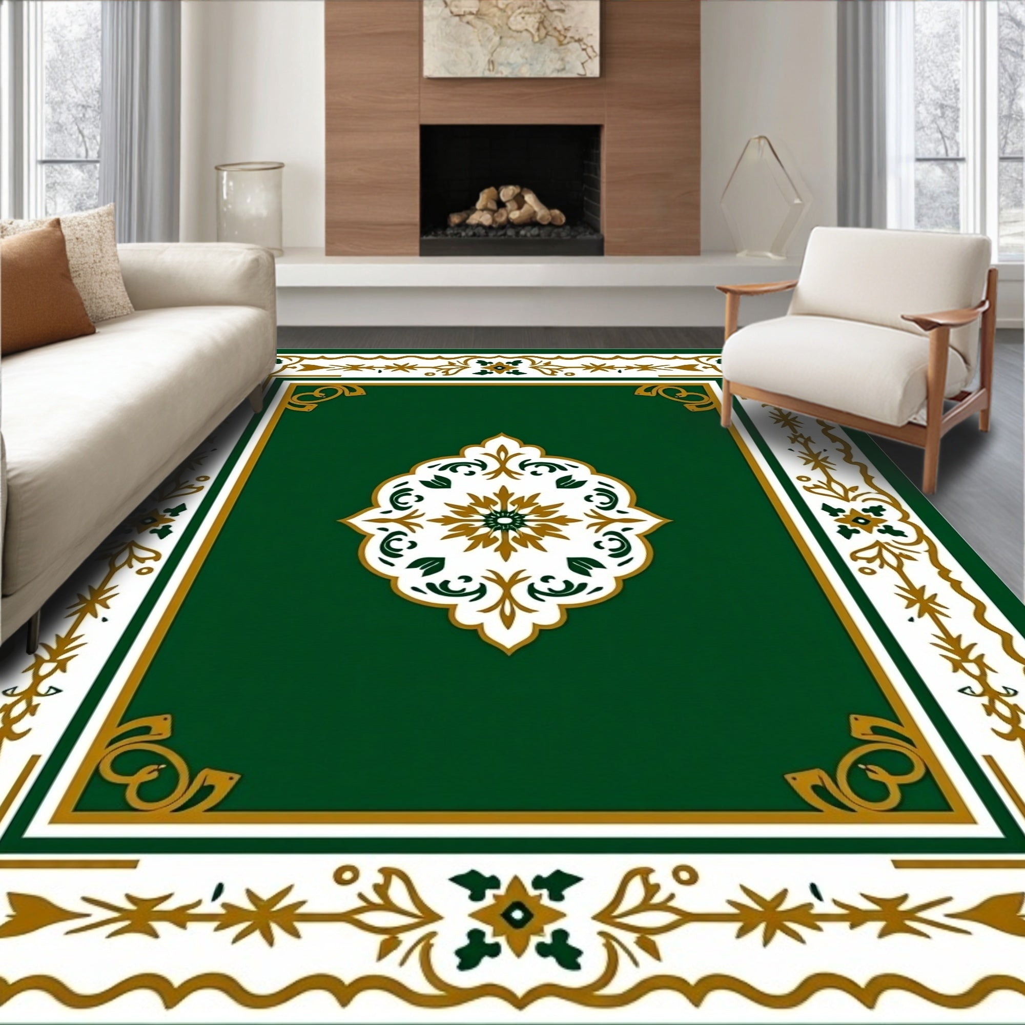 Ornate Green Gold Floral Scroll Design Rug