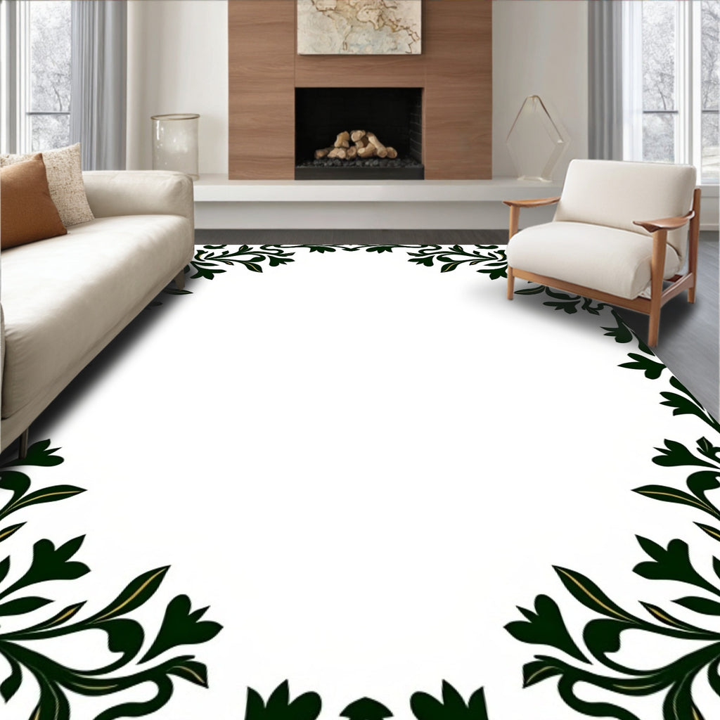 Dark Green Floral Scroll Border Rug