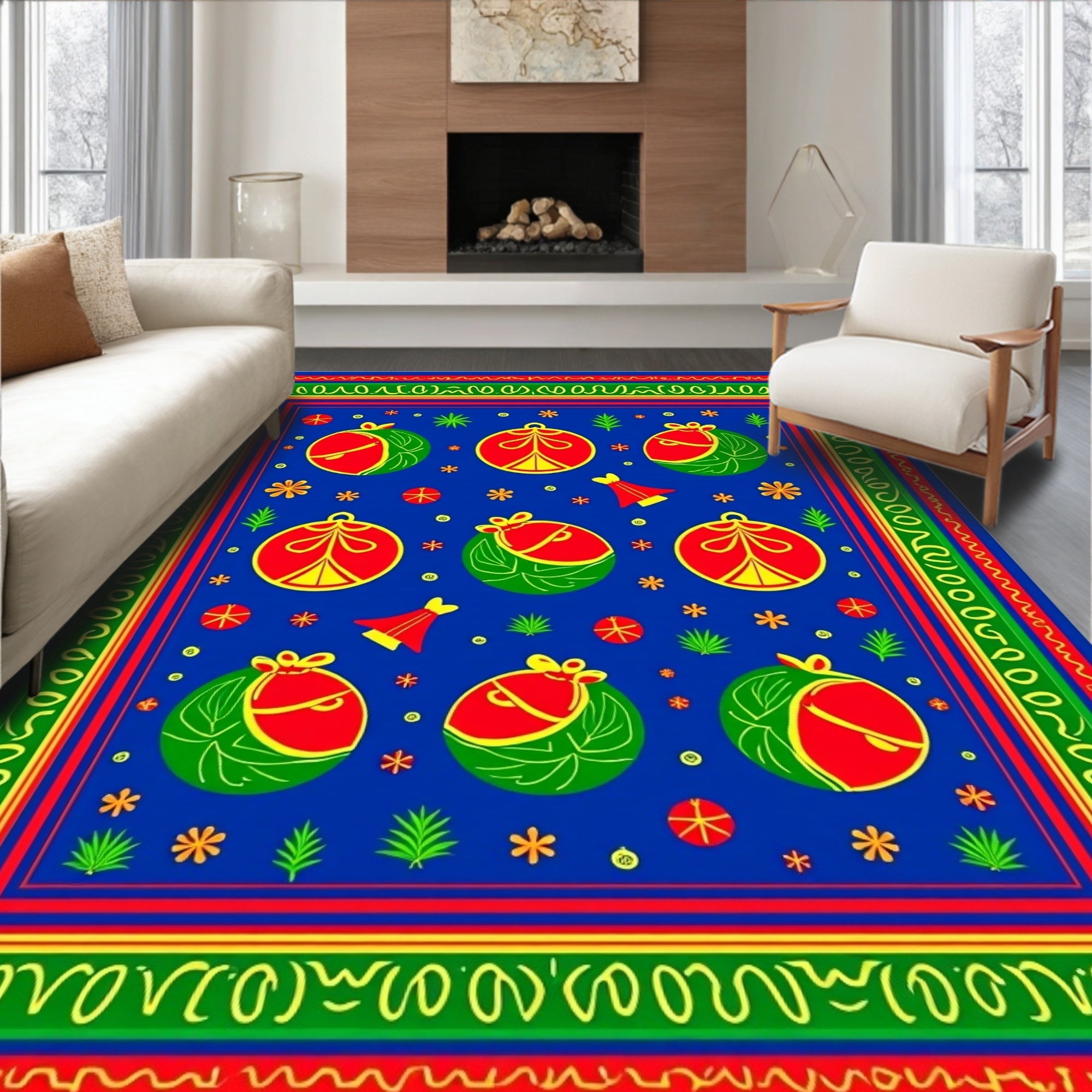 Bright Blue Festive Ornament Swirl Rug