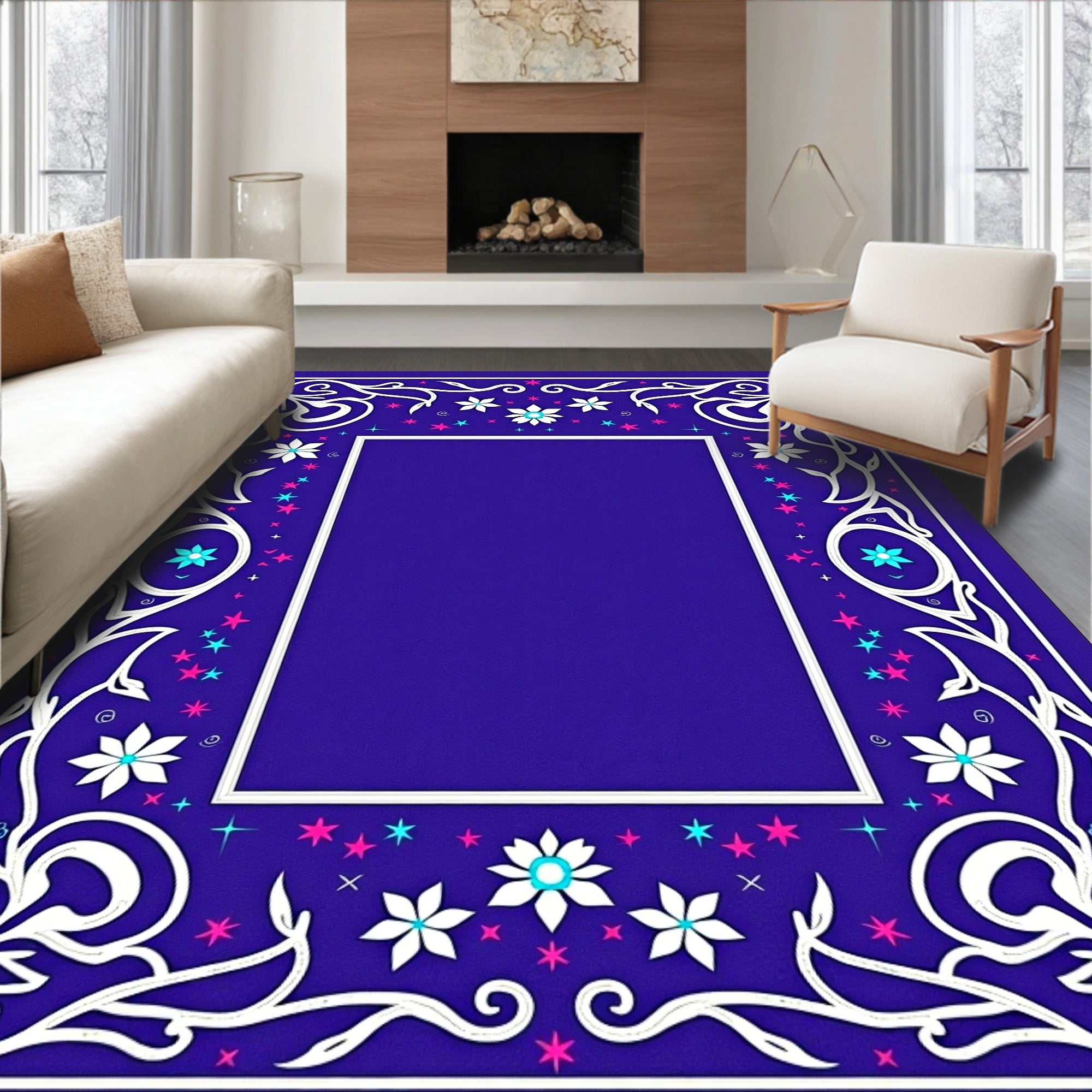 Vibrant Floral Scrollwork Star Border Rug