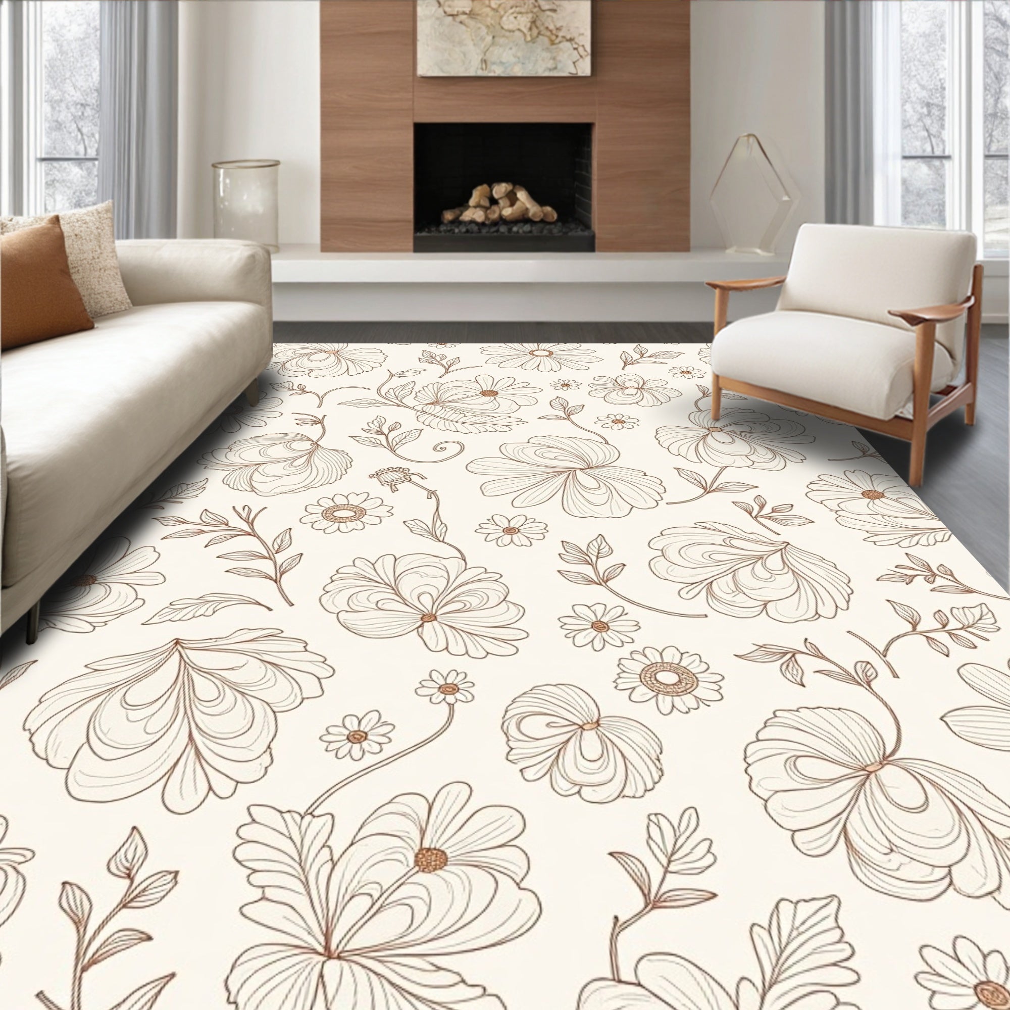 Delicate Floral Line Art Design Rug