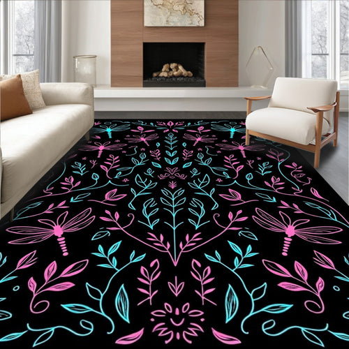 Artistic Dragonfly Leaf Pattern Rug