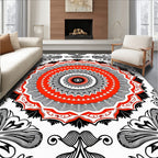 Bold Red Black Radial Floral Design Rug