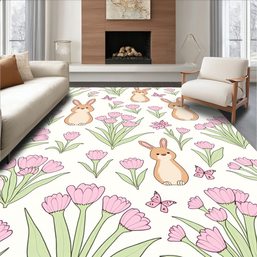 Cute Bunny 2 Pink Floral Pattern Rug