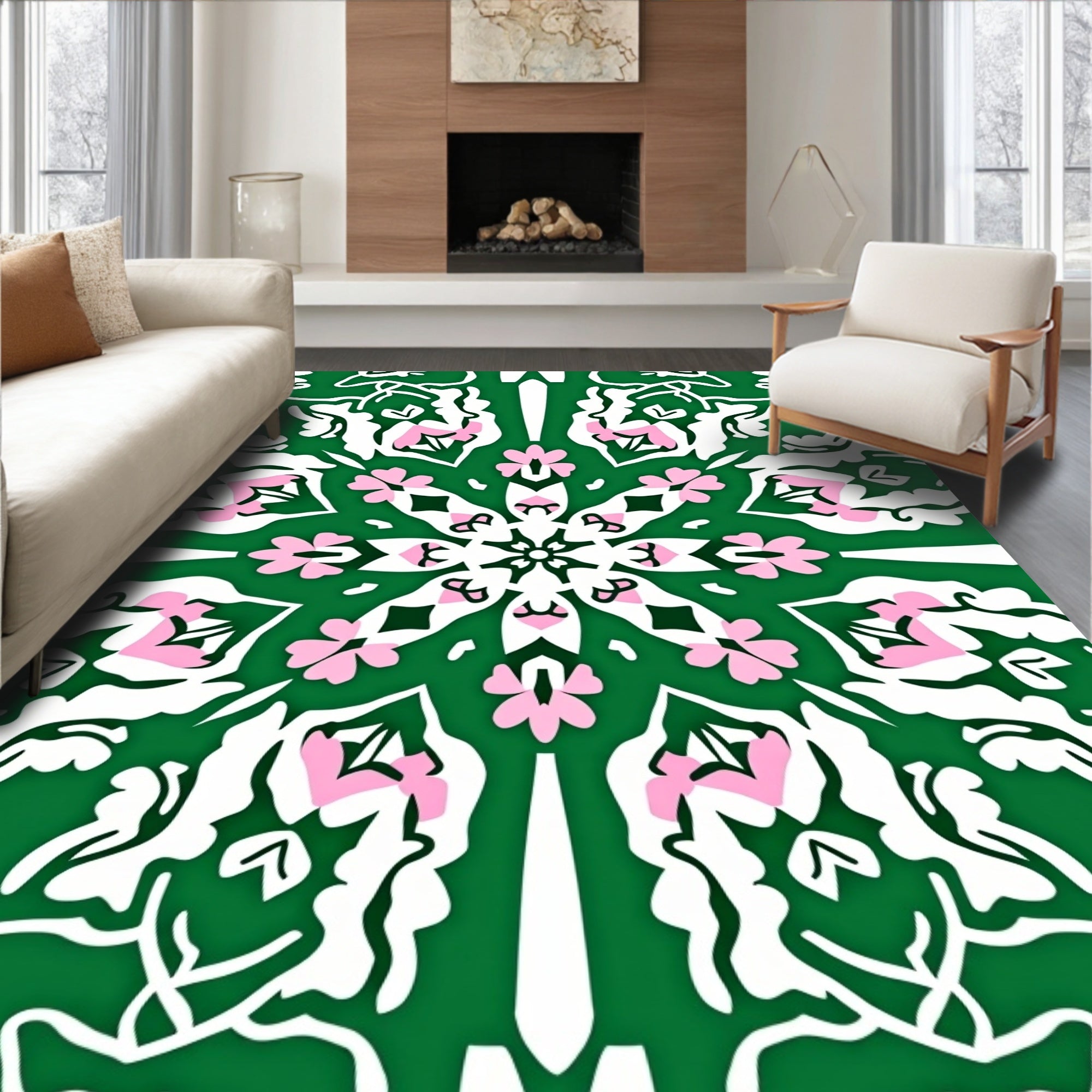 Green White Pink Floral Mandala Design Rug