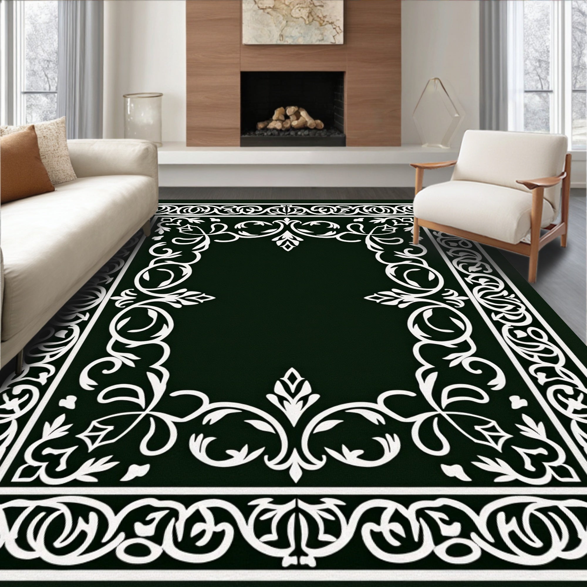Intricate Scrollwork Floral Border Design Rug