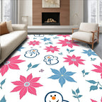 Pink Blue Snowman Poinsettia Floral Rug