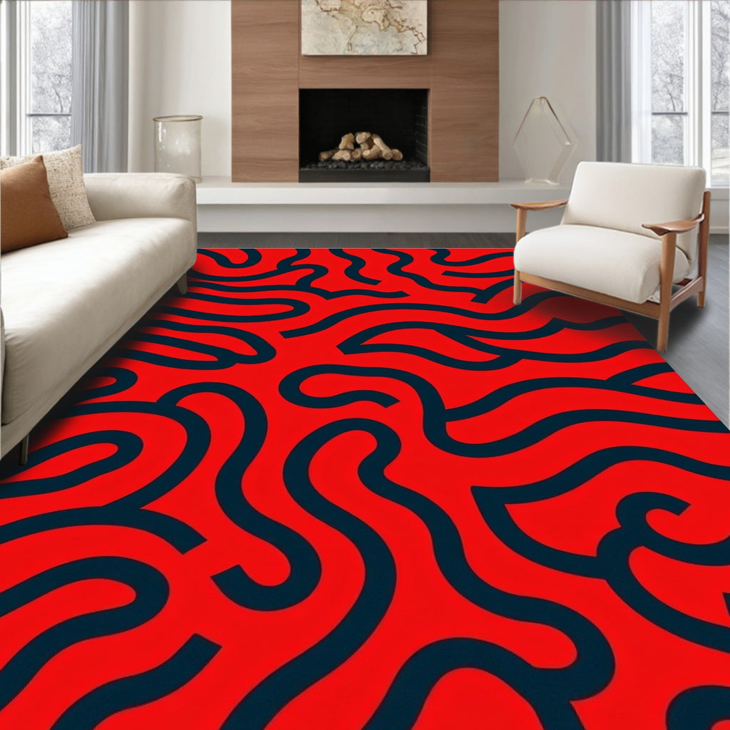 Bold Red Navy Swirls Pattern Rug